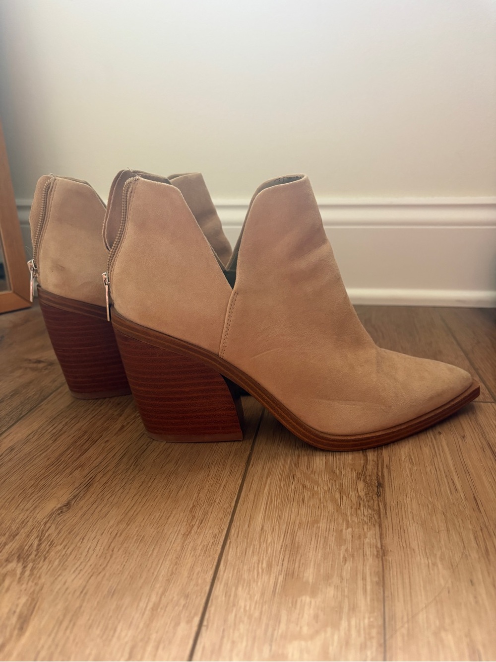 Vince Camuto Tan Suede Cutout Ankle Booties with Stacked Heel